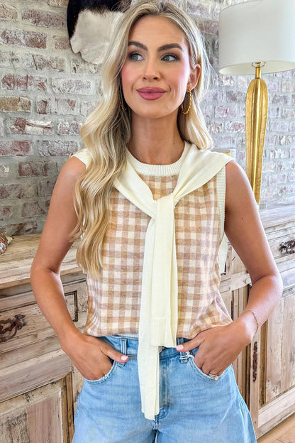 Hazel Blues® |  Khaki Gingham Plaid Knit Detachable Shawl Wrap Sweater Tank Top