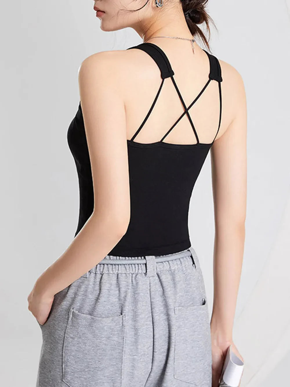 Hazel Blues® |  Crisscross Scoop Neck Wide Strap Cropped Tank with Chest Pads