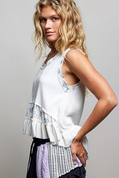 Hazel Blues® |  POL Floral Print Patche Round Neck Ribbed Tank with Double Gauze Ruffle Accents