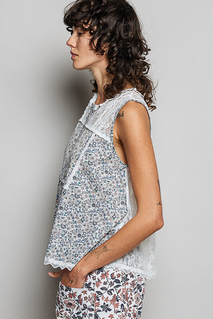 Hazel Blues® |  POL Printed Woven Lace Back Round Neck Sleeveless Top