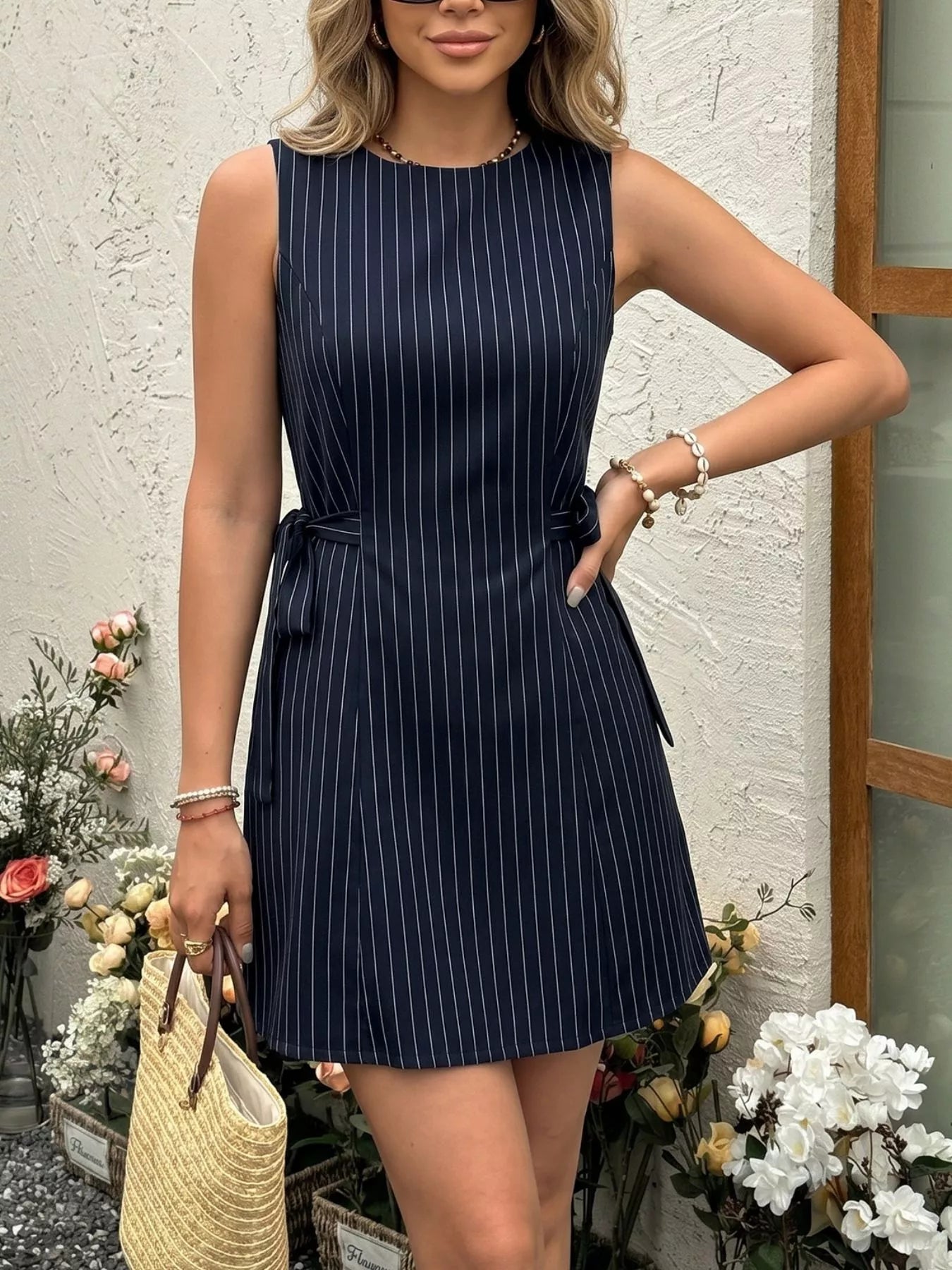 Hazel Blues® |  Striped Sleeveless Tie Waist Dress