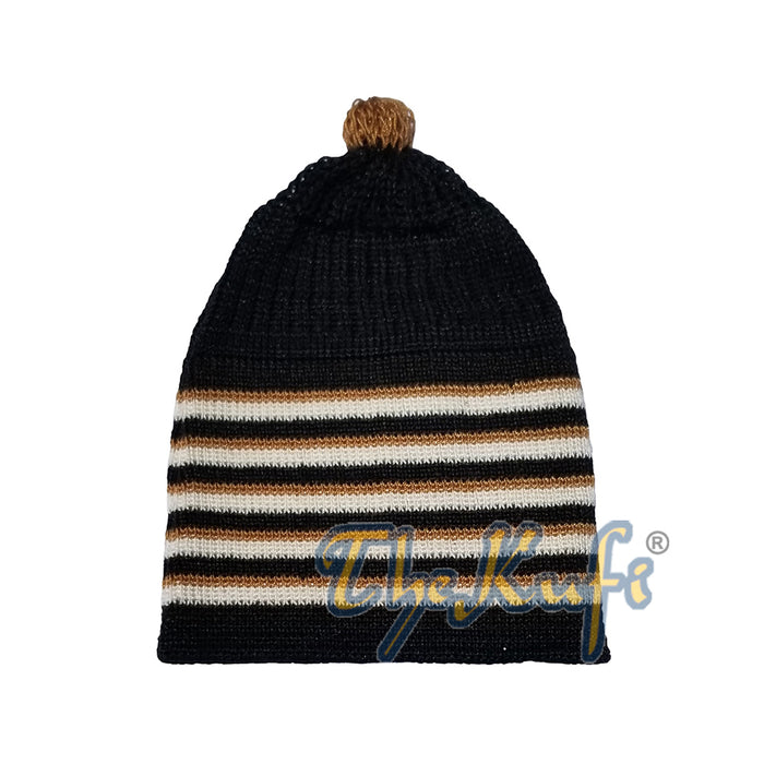 Baby Kufi Black White Brown Stripes Soft Cotton Kufi Skull Cap with Pom-Pom Top