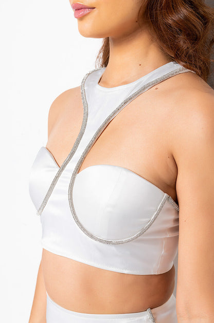 54321 SATIN RHINESTONE HALTER CROP TOP