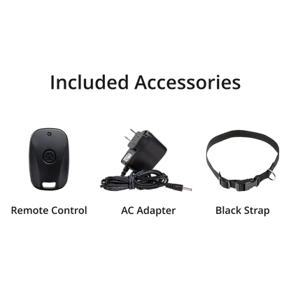 BarkWise™ Complete's included accessories – remote control, AC adaptor, and a black collar strap.