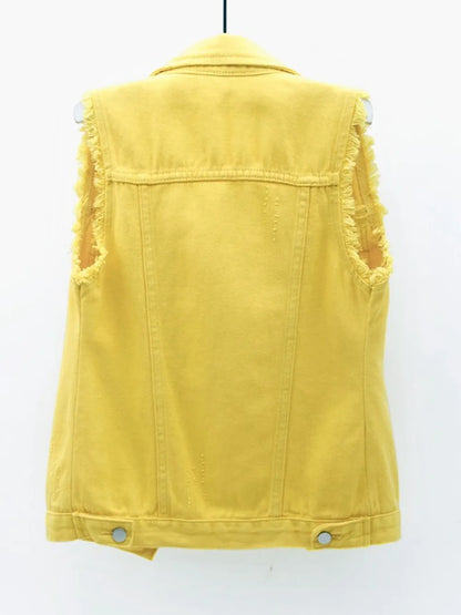 Hazel Blues® | Button Down Raw Hem Sleeveless Denim Jacket