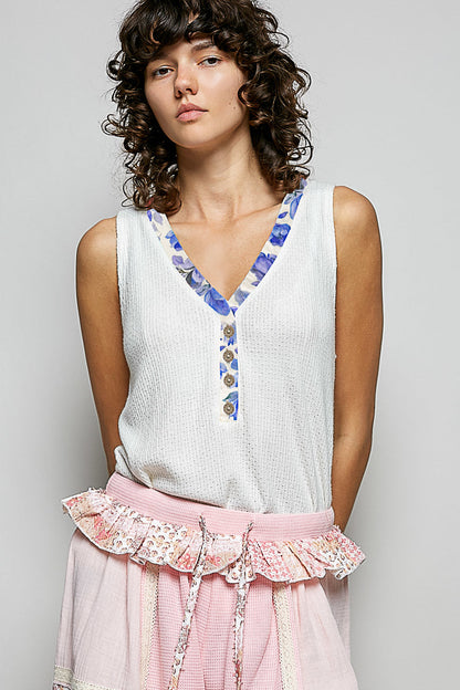 Hazel Blues® |  POL Ribbed V-Neck Tank with Contrast Floral Neckband