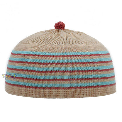 Beige with Turquoise and Maroon Lines Baby Or Infant Kufi pom-pom Stretchable Beanie