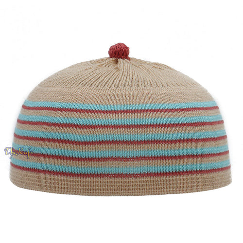 Beige with Turquoise and Maroon Lines Baby Or Infant Kufi pom-pom Stretchable Beanie