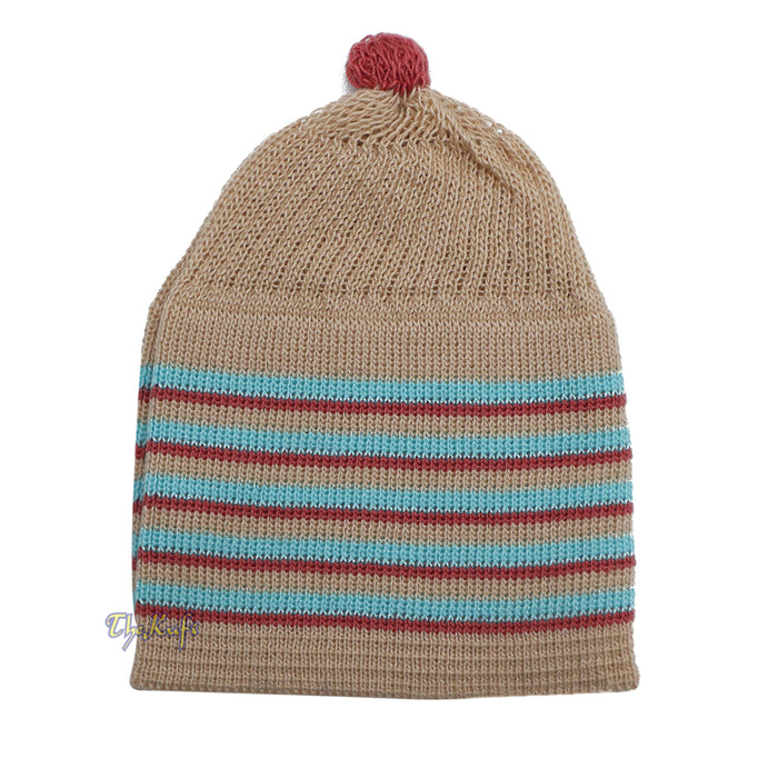 Beige with Turquoise and Maroon Lines Baby Or Infant Kufi pom-pom Stretchable Beanie