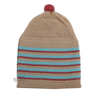 Beige with Turquoise and Maroon Lines Baby Or Infant Kufi pom-pom Stretchable Beanie