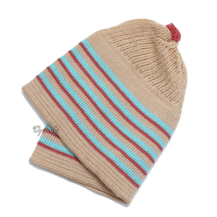 Beige with Turquoise and Maroon Lines Baby Or Infant Kufi pom-pom Stretchable Beanie