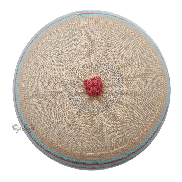 Beige with Turquoise and Maroon Lines Baby Or Infant Kufi pom-pom Stretchable Beanie