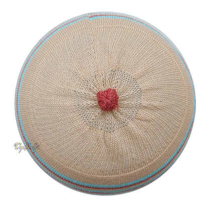 Beige with Turquoise and Maroon Lines Baby Or Infant Kufi pom-pom Stretchable Beanie