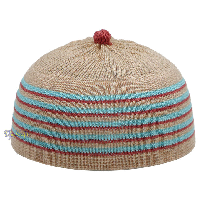 Beige with Turquoise and Maroon Lines Baby Or Infant Kufi pom-pom Stretchable Beanie