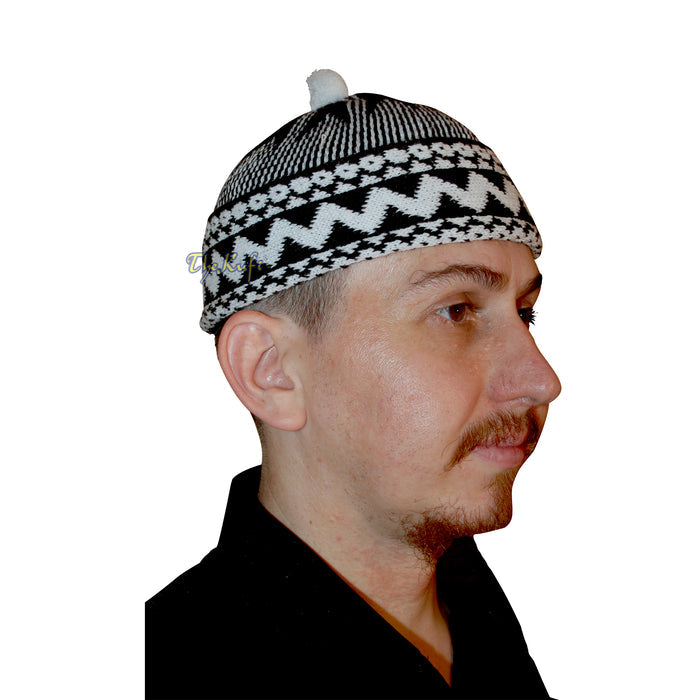 Black Cotton Blend Zigzag Beanie Kufi Hat with Ball On Top