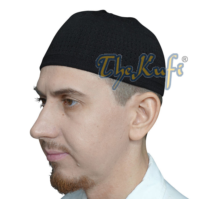 Black Kufi Hat For Prayer - Cotton-Mix Soft Stretch-Knit Islamic Namaz Salah Cap