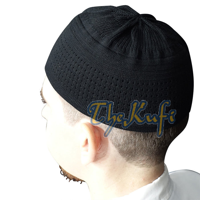 Black Kufi Hat For Prayer - Cotton-Mix Soft Stretch-Knit Islamic Namaz Salah Cap