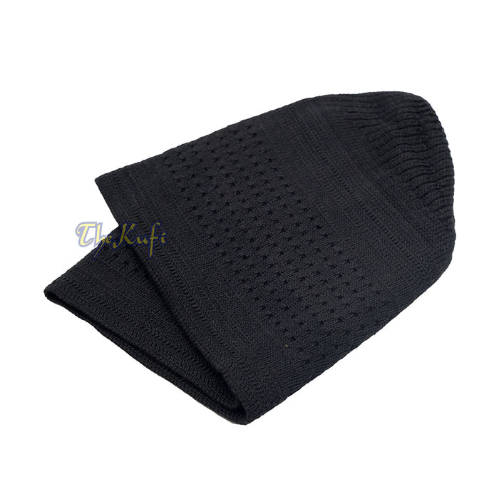 Black Kufi Hat For Prayer - Cotton-Mix Soft Stretch-Knit Islamic Namaz Salah Cap