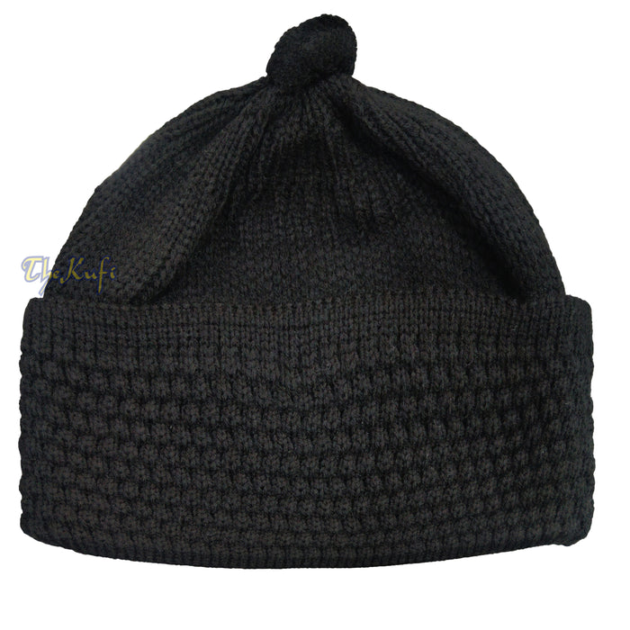 Black Winter Beanie with pom-pom Thick Faux Wool Double Layer Warm Hat Cap One-Size