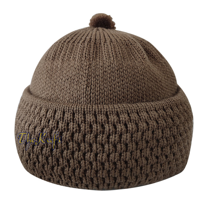 Brown Winter Beanie with pom-pom Thick Faux Wool Double Layer Warm Hat Cap One-Size