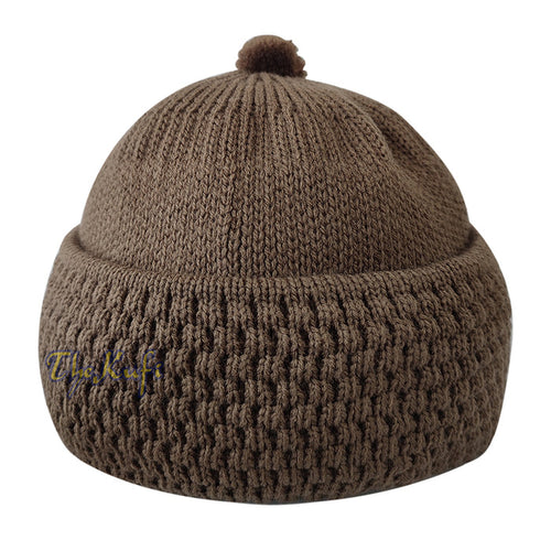 Brown Winter Beanie with pom-pom Thick Faux Wool Double Layer Warm Hat Cap One-Size