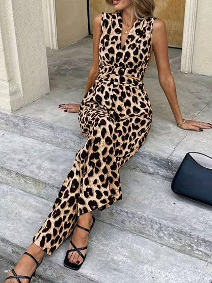 Hazel Blues® |  Sleeveless V-Neck Leopard Print Wide Leg Jumpsuit