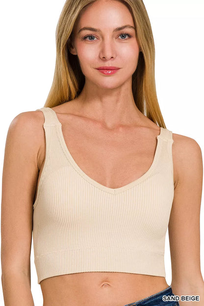 Hazel Blues® |  Zenana Seamless Ribbed Cropped Bra Padded V-Neck Tank