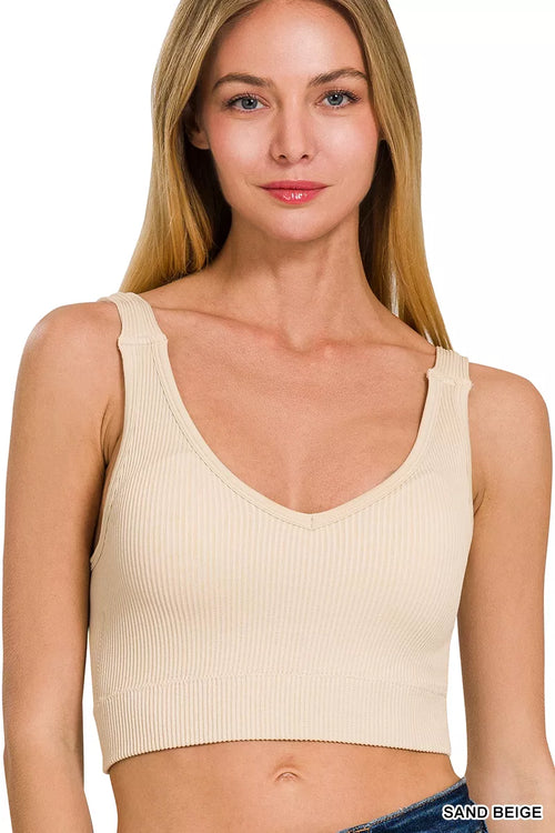 Hazel Blues® |  Zenana Seamless Ribbed Cropped Bra Padded V-Neck Tank
