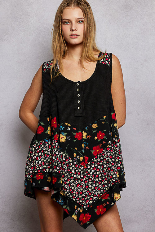 Hazel Blues® |  POL Round Neck Ribbed Tank with Woven Print Patch
