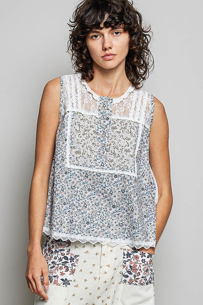 Hazel Blues® |  POL Printed Woven Lace Back Round Neck Sleeveless Top