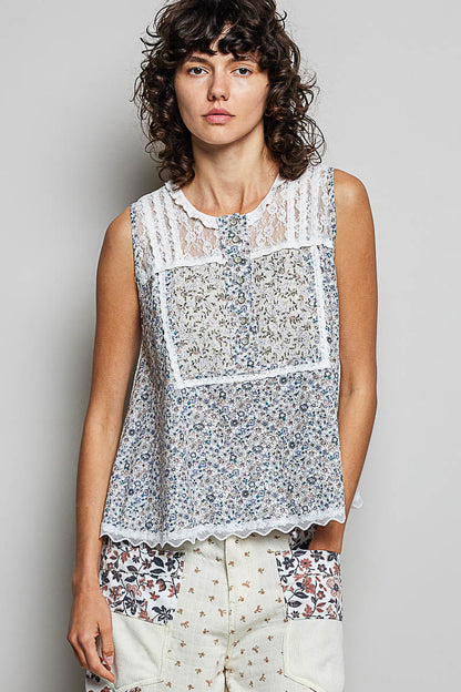 Hazel Blues® |  POL Printed Woven Lace Back Round Neck Sleeveless Top