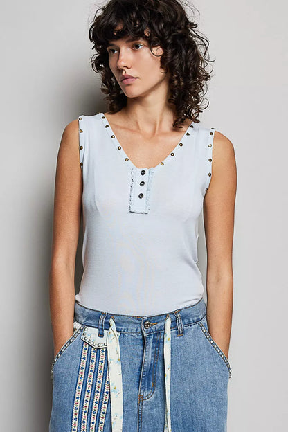 Hazel Blues® |  POL Studded Trim Button-Front Ruffle Detail Tank