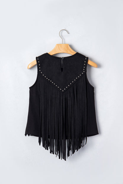 Hazel Blues® |  Black Western Fringe Rivet Paneling Bust Sleeveless Top