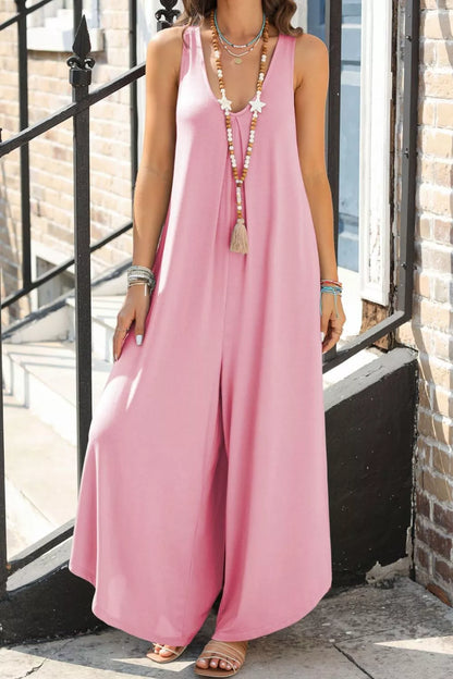 Hazel Blues® |  Sleeveless V Neck Pocketed Wide Leg Jumpsuit