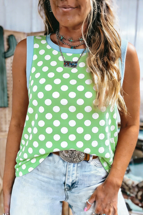 Hazel Blues® |  Green Polka Dot Contrast Trim Round Neck Loose Tank Top