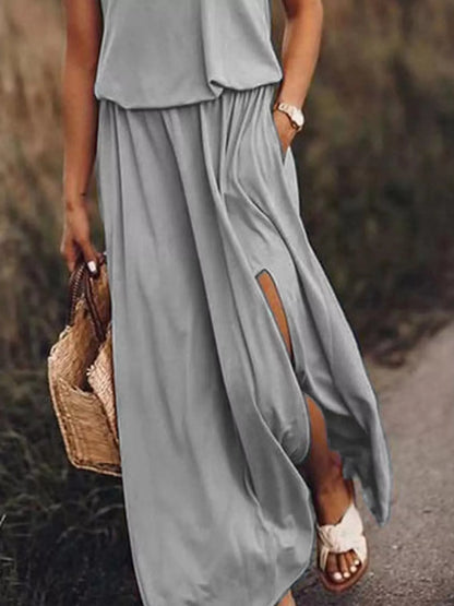 Hazel Blues® | Round Neck Sleeveless Slit Maxi Dress