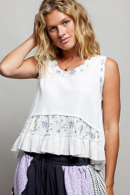Hazel Blues® |  POL Floral Print Patche Round Neck Ribbed Tank with Double Gauze Ruffle Accents