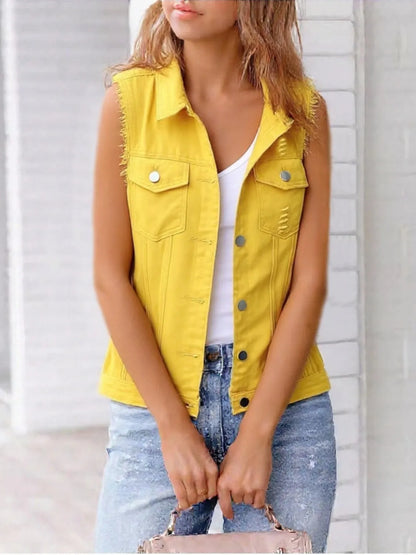 Hazel Blues® | Sleeveless Frayed Denim Vest Jacket