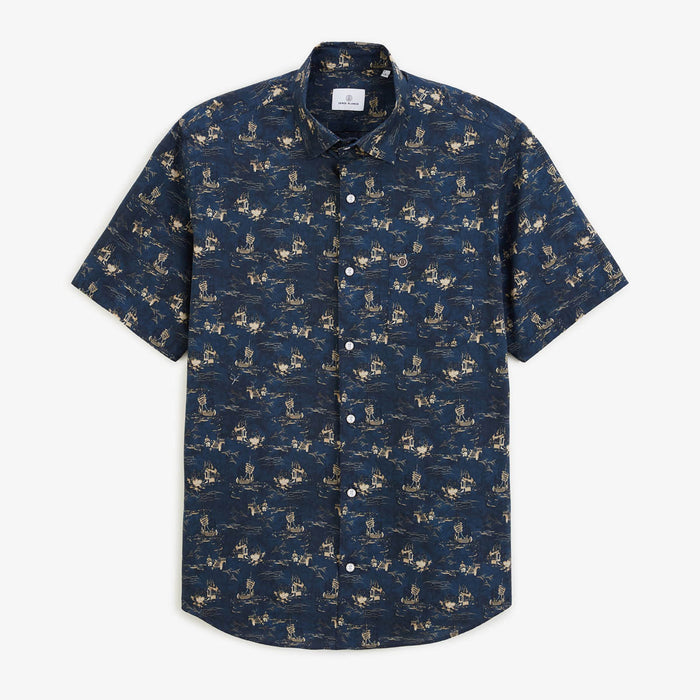 Chemise Caracas Manches Courtes en Coton Imprimé Bleu Marine Homme SERGE BLANCO