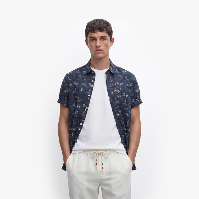 Chemise Caracas manches courtes en coton imprimé bleu marine