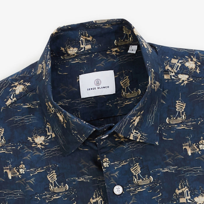 Chemise Caracas Manches Courtes en Coton Imprimé Bleu Marine Homme SERGE BLANCO