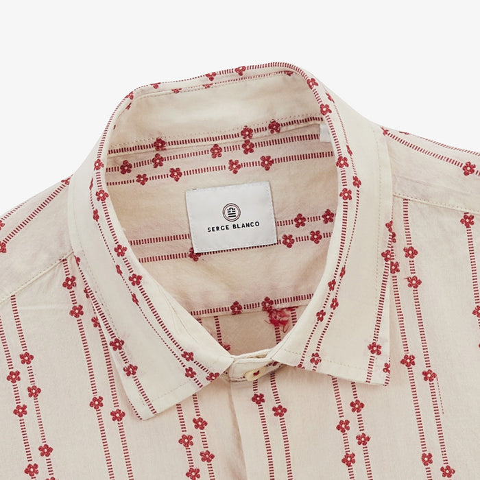 Chemise jacquard manches courtes avec fleurs brodees en coton blanche HOMME SERGE BLANCO
