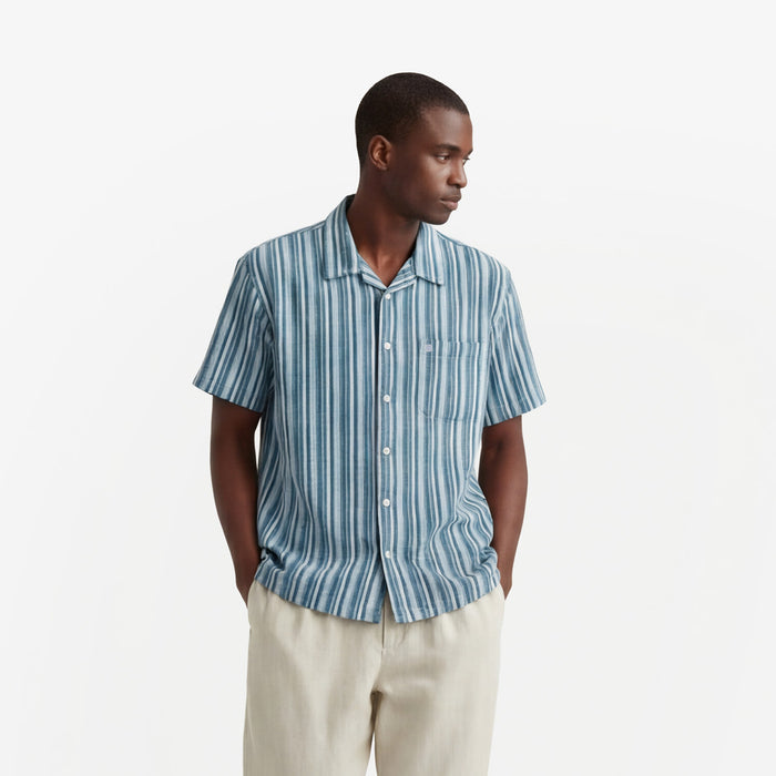 Chemise manches courtes en coton Caracas rayee bleu marine HOMME SERGE BLANCO