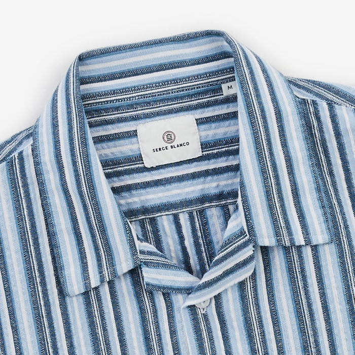 Chemise manches courtes en coton Caracas rayee bleu marine HOMME SERGE BLANCO