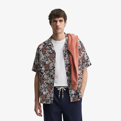 Chemise manches courtes en coton imprimé dragon bleu marine