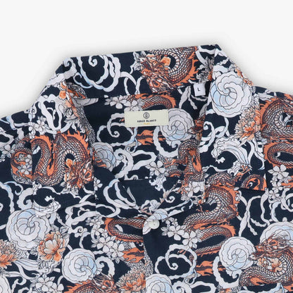 Chemise Manches Courtes en Coton Imprimé Dragon Bleu Marine Homme SERGE BLANCO