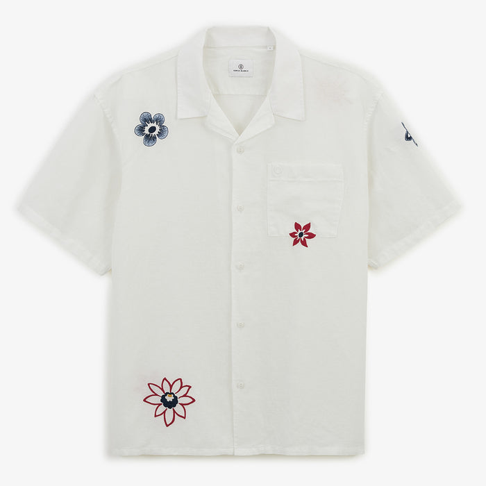 Chemise manches courtes fleurs broderees en lin et coton blanche HOMME SERGE BLANCO
