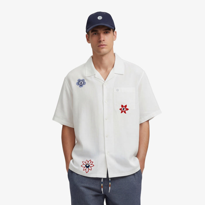 Chemise manches courtes fleurs brodées en lin et coton blanche