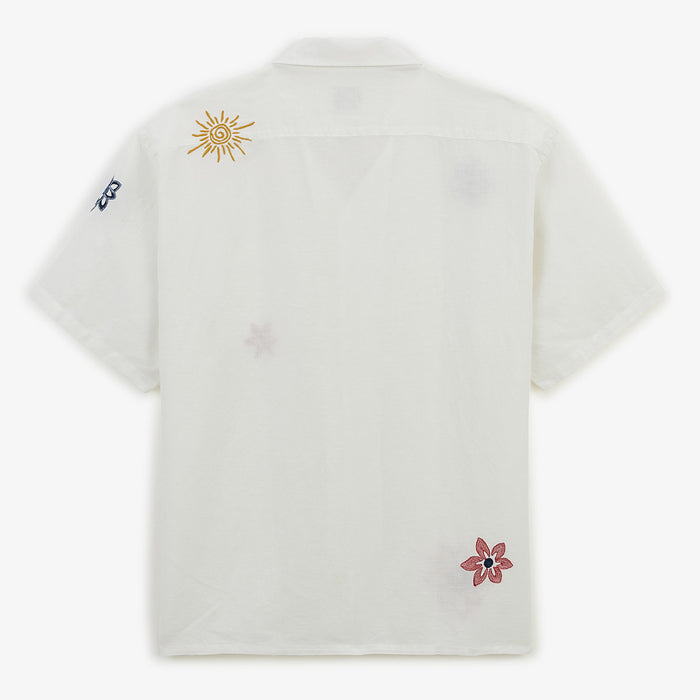 Chemise manches courtes fleurs broderees en lin et coton blanche HOMME SERGE BLANCO