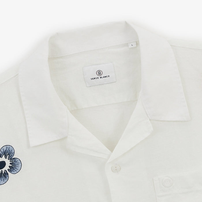 Chemise manches courtes fleurs broderees en lin et coton blanche HOMME SERGE BLANCO